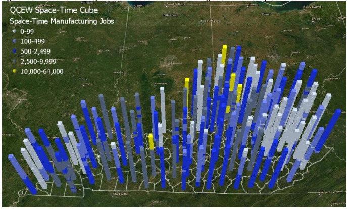 Figure 1: 3D Visualization of Space-Time Cube for Manufacturing Jobs in Kentucky Counties