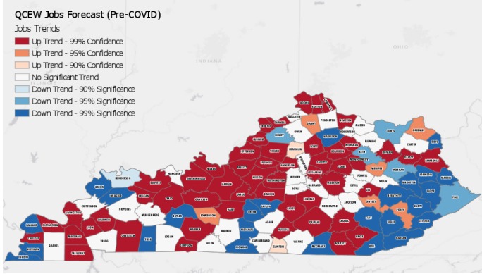 Map of Kentucky showing pre Covid Job Projections