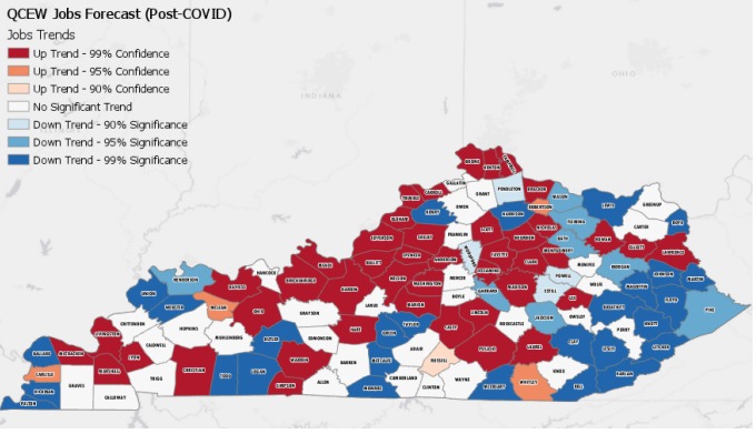 Map of Kentucky showing post Covid 19 Job Projections