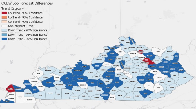 Map of Kentucky showing pre and post Covid 19 Job Forecast Differences