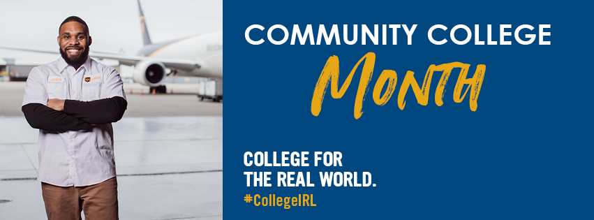 Community College Month, College for the Real World #CollegeIRL, graduate standing in front of plane.