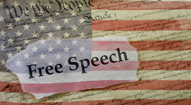 words Free Speech over American flag